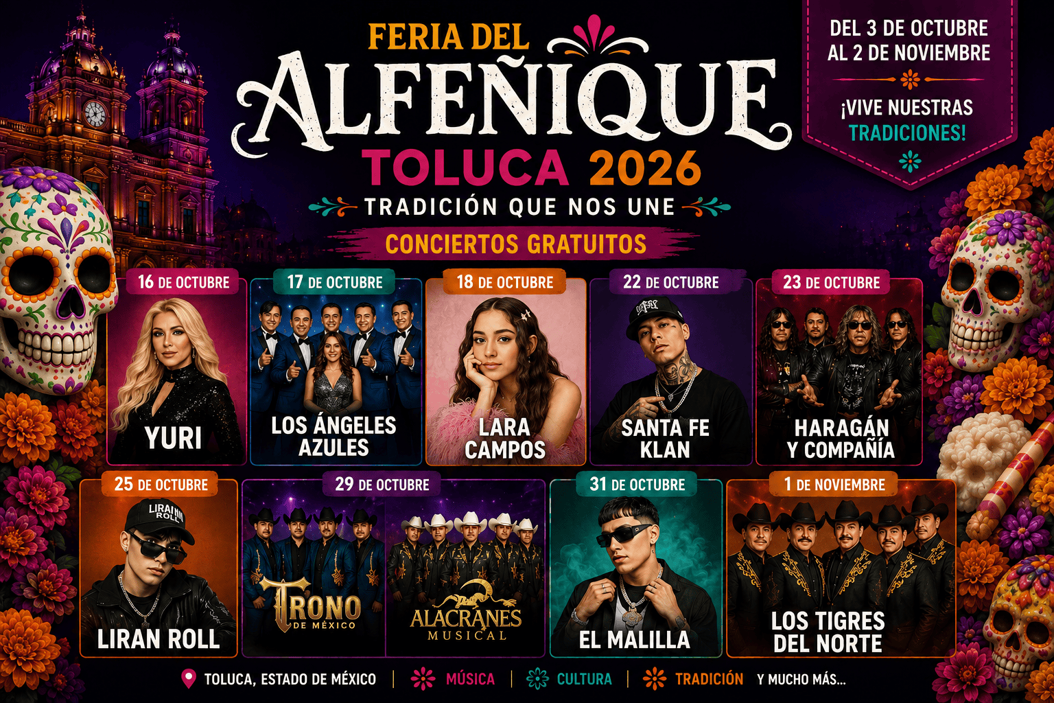 Feria del Alfeñique 2026: Los Tigres del Norte, Yuri, Los Ángeles Azules y más en conciertos gratuitos